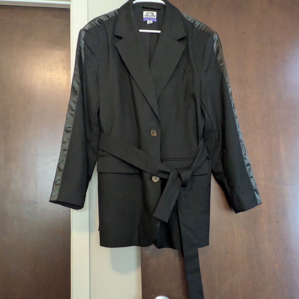 Future Collective Oversized Black Blazer with Belted Waist and Long Sleeves